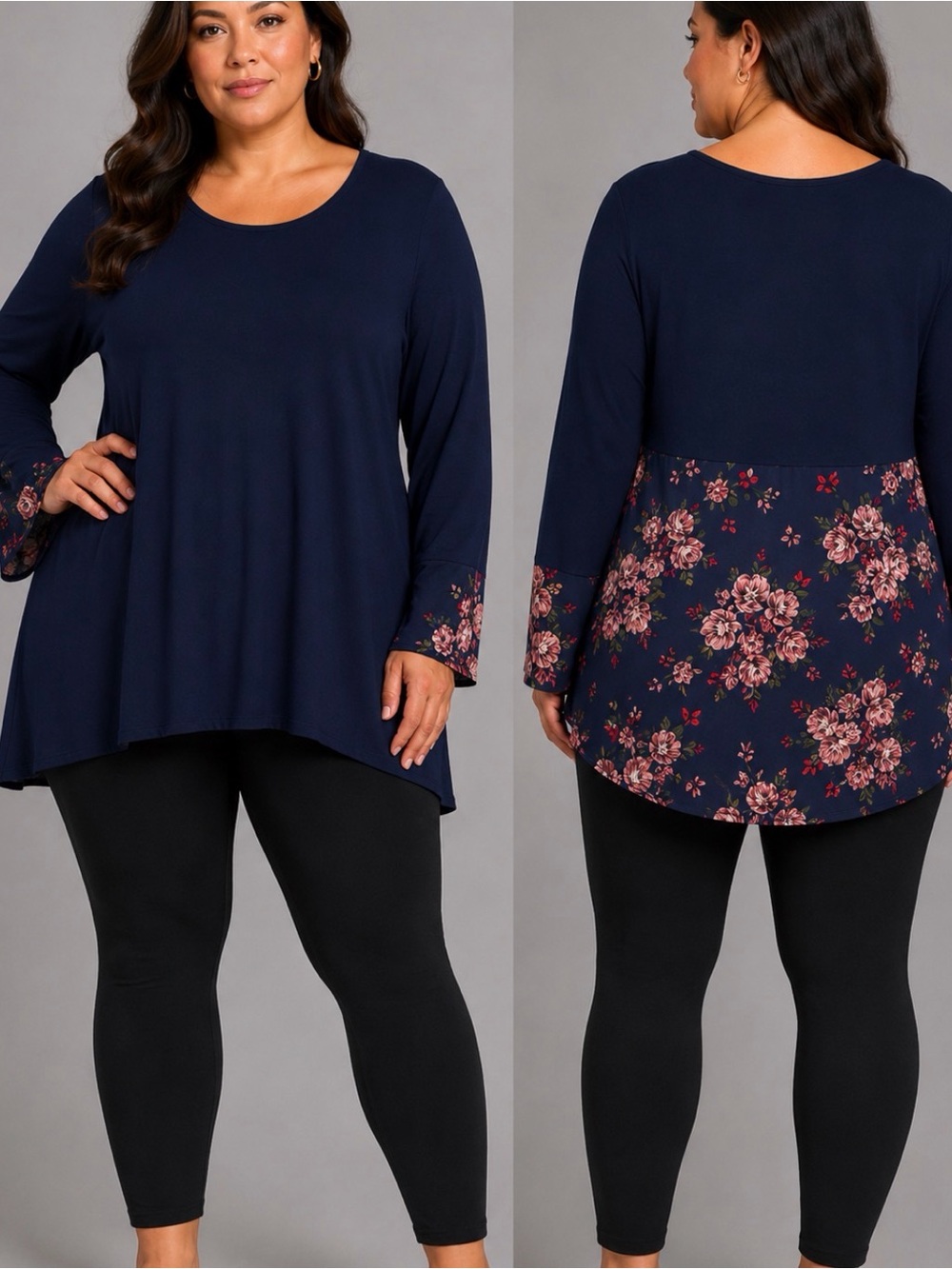 Navy Floral-Back Long Sleeve Swing Tee